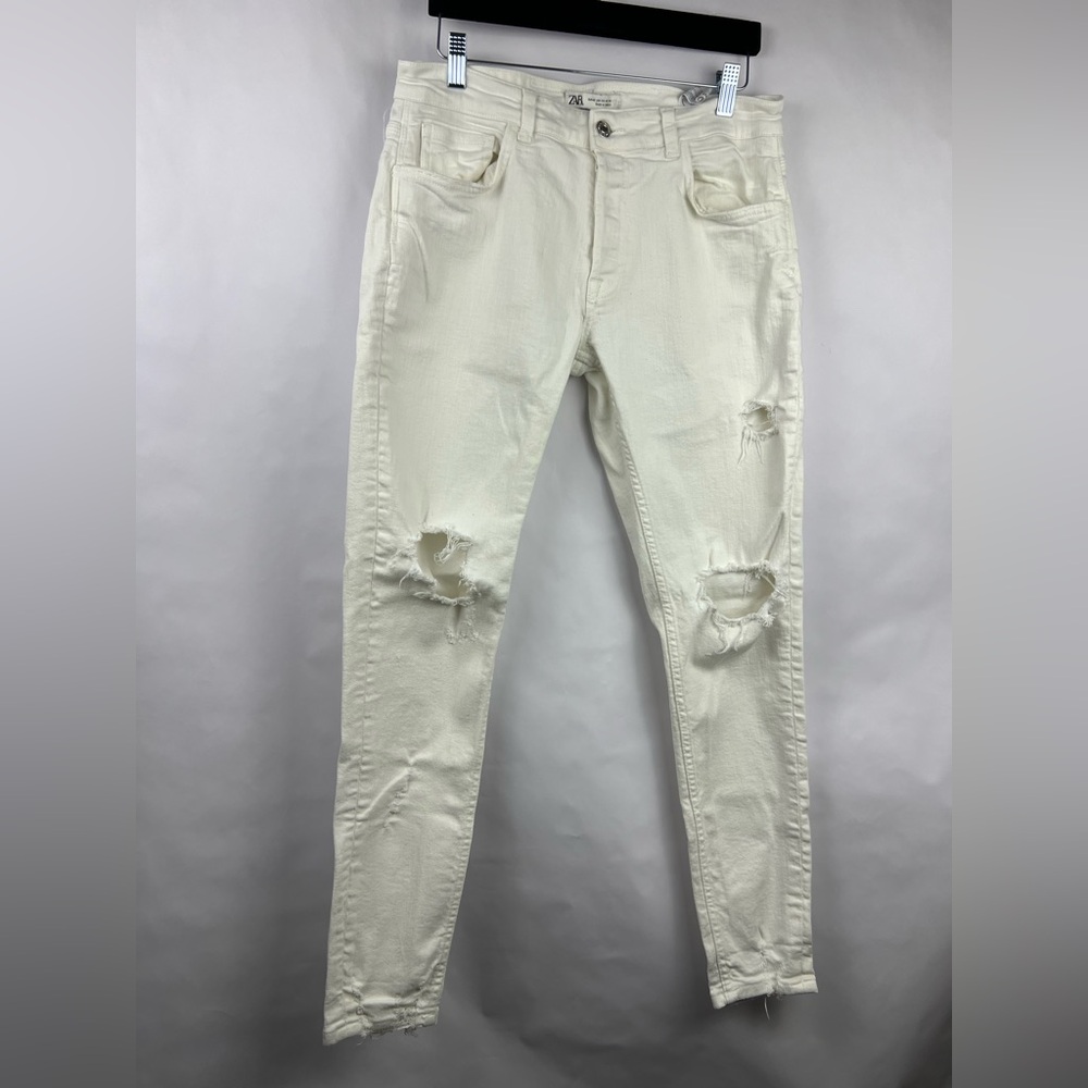 Zara Jeans, White Distressed Denim, Cotton Stretch, Skinny Fit, Ripped Casual